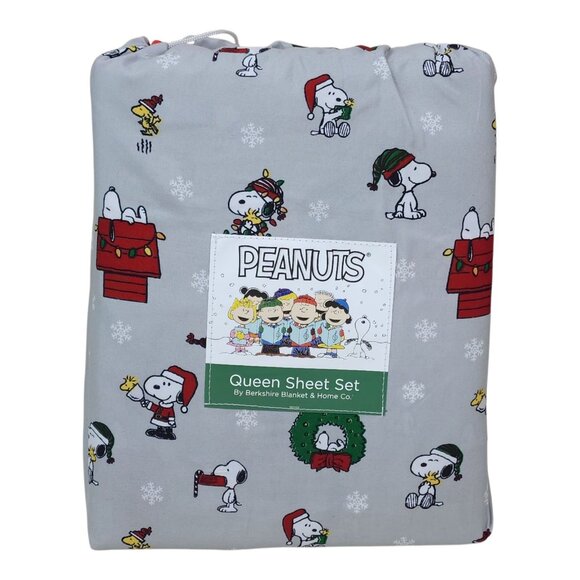 Peanuts Christmas Snoopy Queen Sheet Set Berkshire Holiday Bedding Wreath Tree - Picture 1 of 7